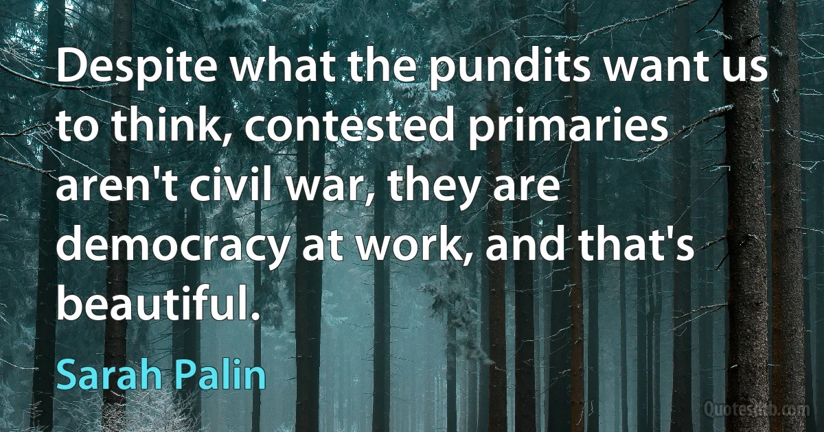 Despite what the pundits want us to think, contested primaries aren't civil war, they are democracy at work, and that's beautiful. (Sarah Palin)