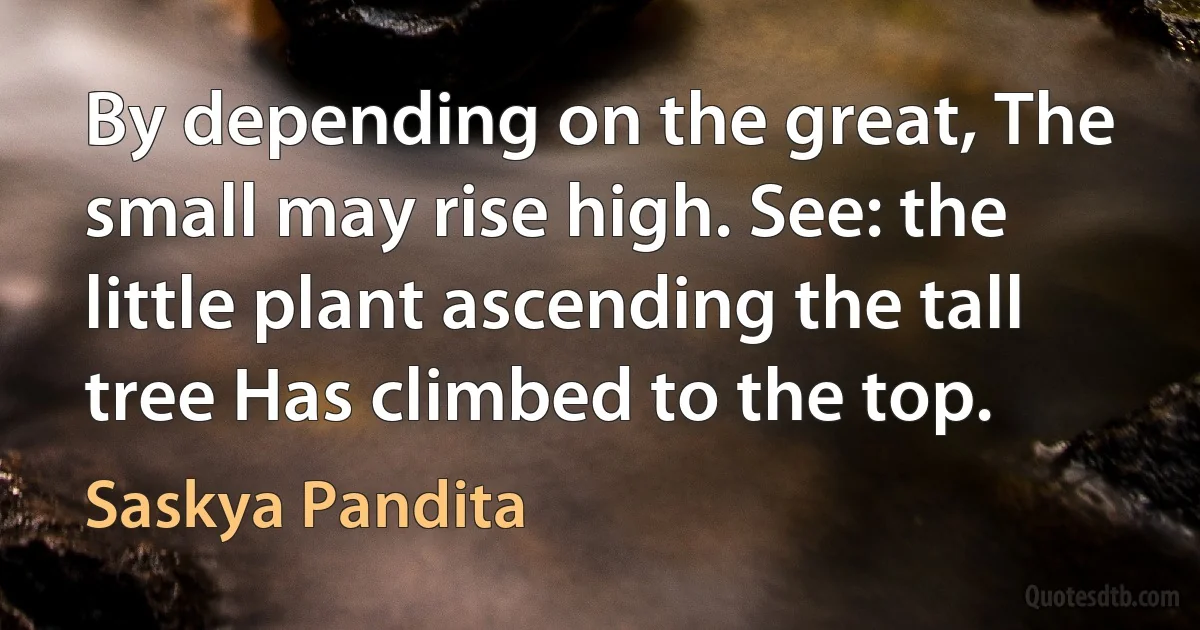 By depending on the great, The small may rise high. See: the little plant ascending the tall tree Has climbed to the top. (Saskya Pandita)