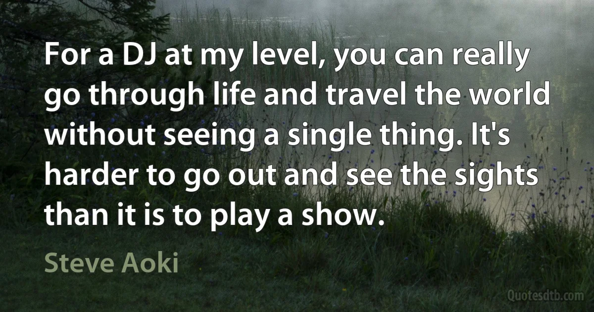 For a DJ at my level, you can really go through life and travel the world without seeing a single thing. It's harder to go out and see the sights than it is to play a show. (Steve Aoki)