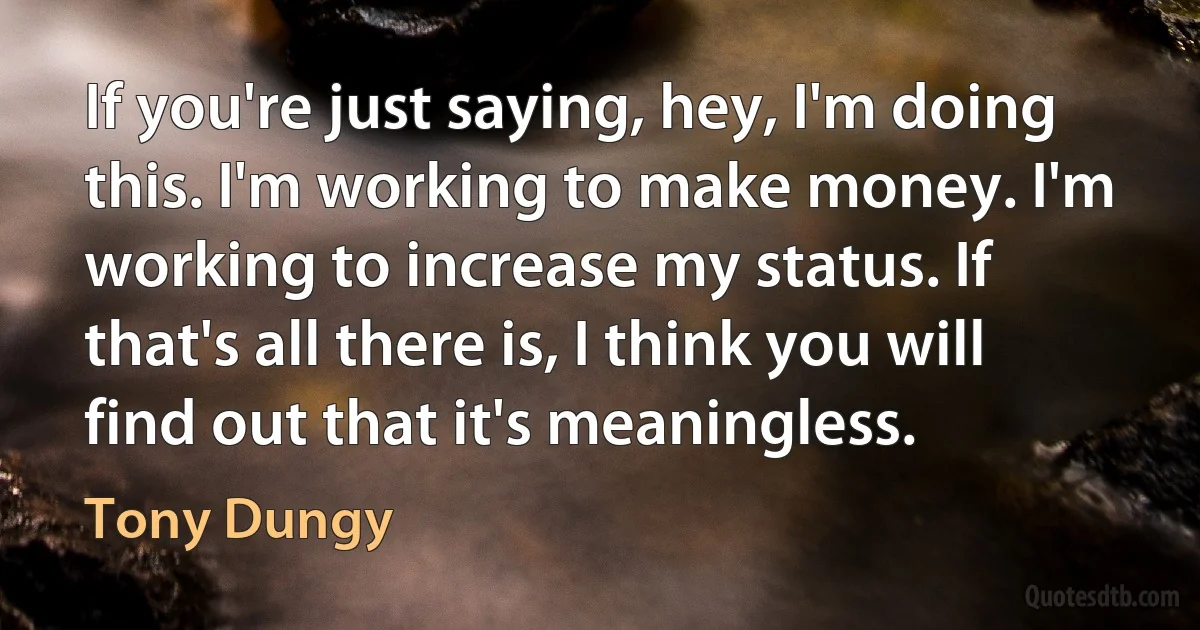 If you're just saying, hey, I'm doing this. I'm working to make money. I'm working to increase my status. If that's all there is, I think you will find out that it's meaningless. (Tony Dungy)