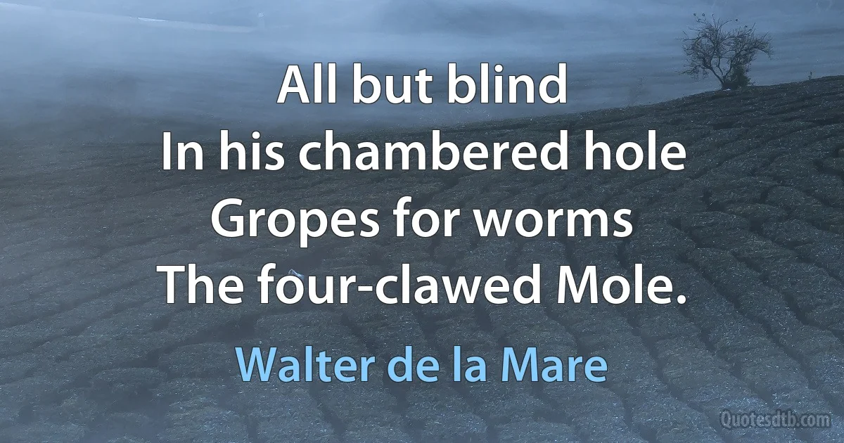 All but blind
In his chambered hole
Gropes for worms
The four-clawed Mole. (Walter de la Mare)