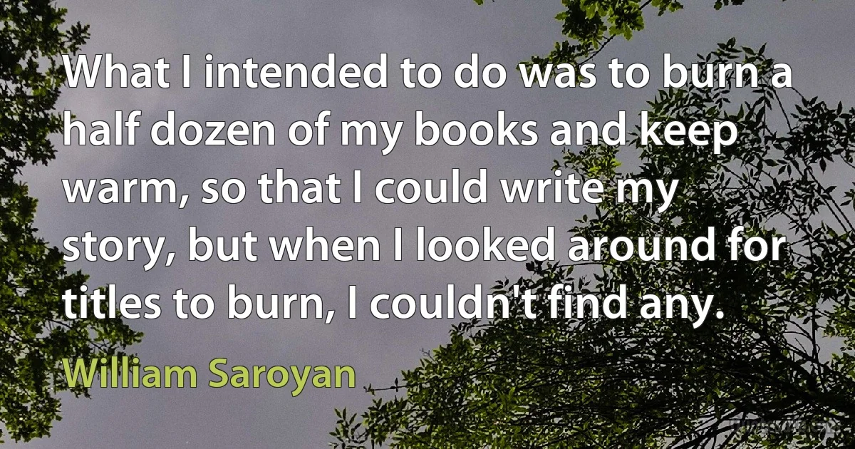 What I intended to do was to burn a half dozen of my books and keep warm, so that I could write my story, but when I looked around for titles to burn, I couldn't find any. (William Saroyan)