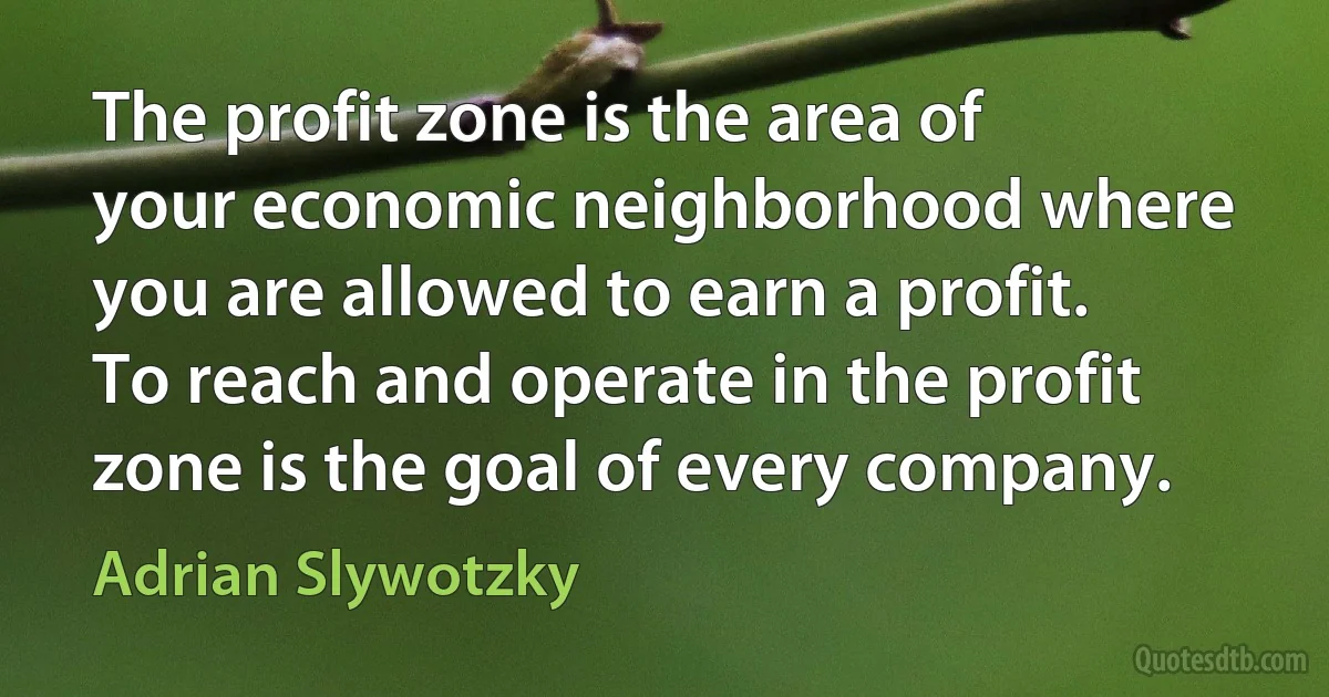 The profit zone is the area of your economic neighborhood where you are allowed to earn a profit. To reach and operate in the profit zone is the goal of every company. (Adrian Slywotzky)