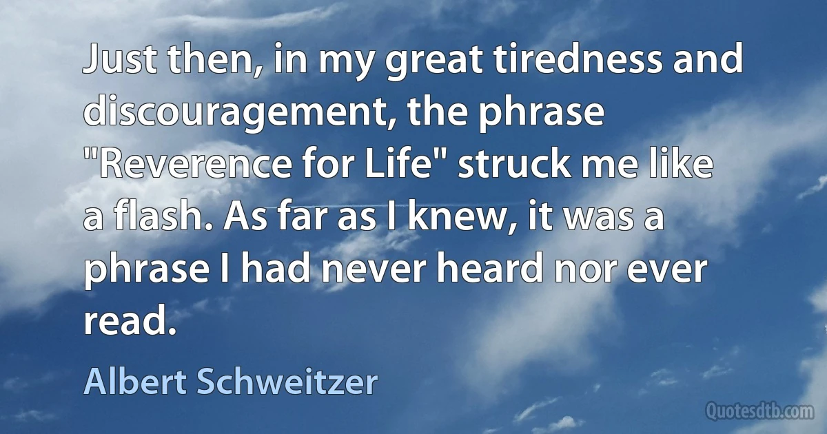 Just then, in my great tiredness and discouragement, the phrase "Reverence for Life" struck me like a flash. As far as I knew, it was a phrase I had never heard nor ever read. (Albert Schweitzer)