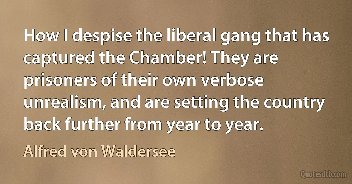 How I despise the liberal gang that has captured the Chamber! They are prisoners of their own verbose unrealism, and are setting the country back further from year to year. (Alfred von Waldersee)