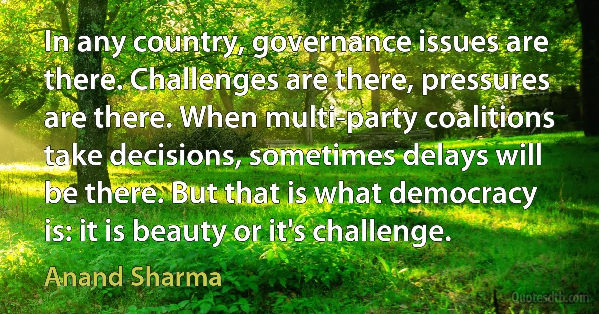 In any country, governance issues are there. Challenges are there, pressures are there. When multi-party coalitions take decisions, sometimes delays will be there. But that is what democracy is: it is beauty or it's challenge. (Anand Sharma)