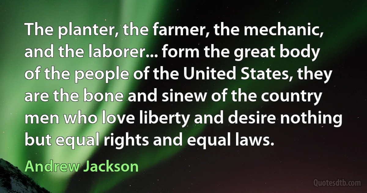 The planter, the farmer, the mechanic, and the laborer... form the great body of the people of the United States, they are the bone and sinew of the country men who love liberty and desire nothing but equal rights and equal laws. (Andrew Jackson)