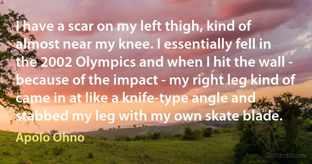 I have a scar on my left thigh, kind of almost near my knee. I essentially fell in the 2002 Olympics and when I hit the wall - because of the impact - my right leg kind of came in at like a knife-type angle and stabbed my leg with my own skate blade. (Apolo Ohno)