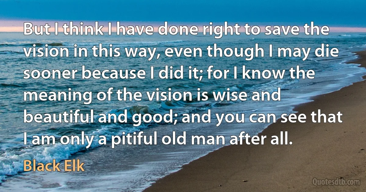 But I think I have done right to save the vision in this way, even though I may die sooner because I did it; for I know the meaning of the vision is wise and beautiful and good; and you can see that I am only a pitiful old man after all. (Black Elk)