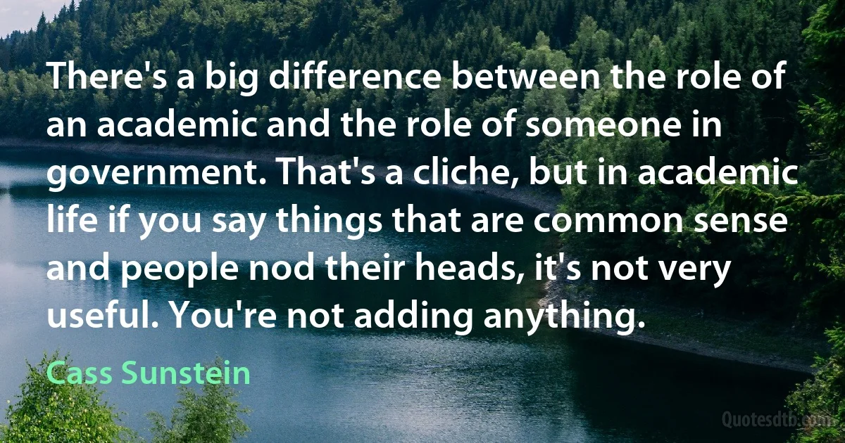 There's a big difference between the role of an academic and the role of someone in government. That's a cliche, but in academic life if you say things that are common sense and people nod their heads, it's not very useful. You're not adding anything. (Cass Sunstein)