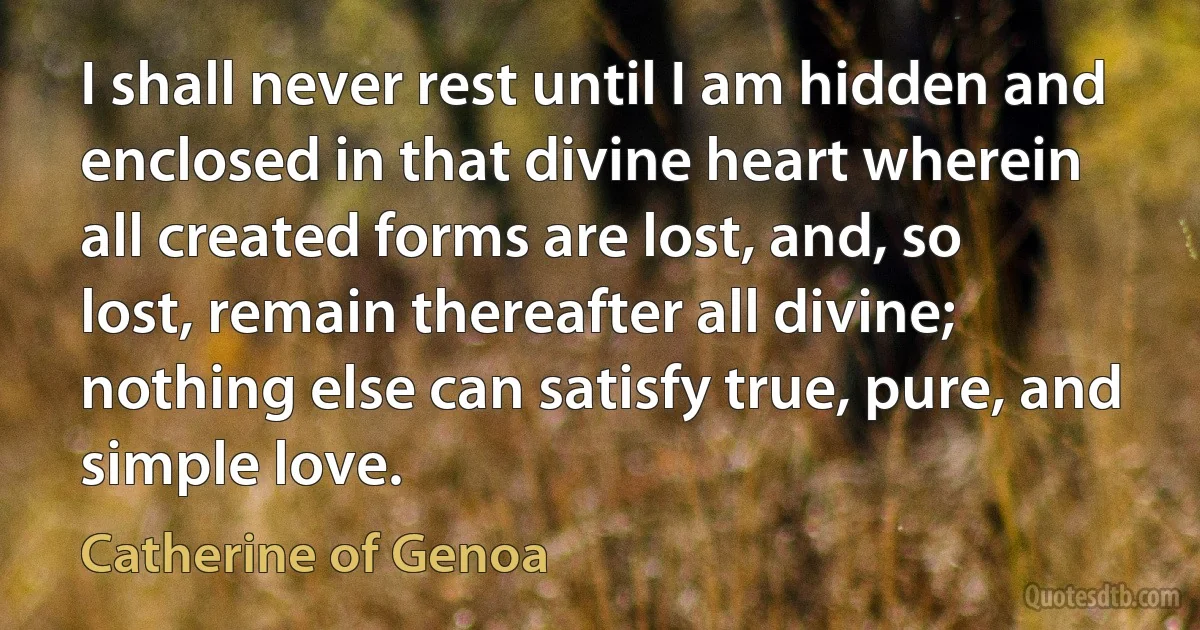 I shall never rest until I am hidden and enclosed in that divine heart wherein all created forms are lost, and, so lost, remain thereafter all divine; nothing else can satisfy true, pure, and simple love. (Catherine of Genoa)