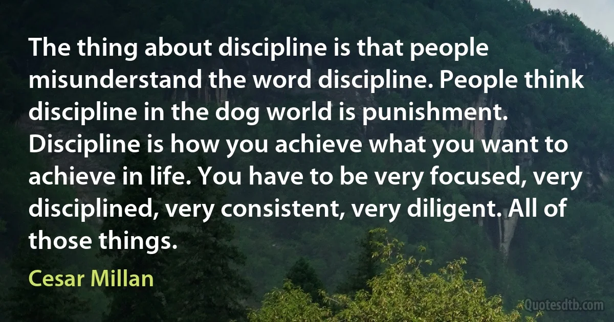 The thing about discipline is that people misunderstand the word discipline. People think discipline in the dog world is punishment. Discipline is how you achieve what you want to achieve in life. You have to be very focused, very disciplined, very consistent, very diligent. All of those things. (Cesar Millan)