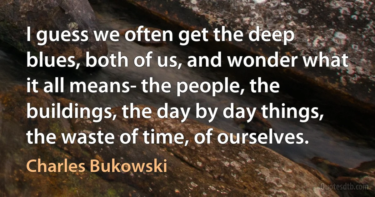 I guess we often get the deep blues, both of us, and wonder what it all means- the people, the buildings, the day by day things, the waste of time, of ourselves. (Charles Bukowski)