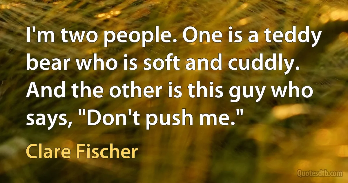 I'm two people. One is a teddy bear who is soft and cuddly. And the other is this guy who says, "Don't push me." (Clare Fischer)