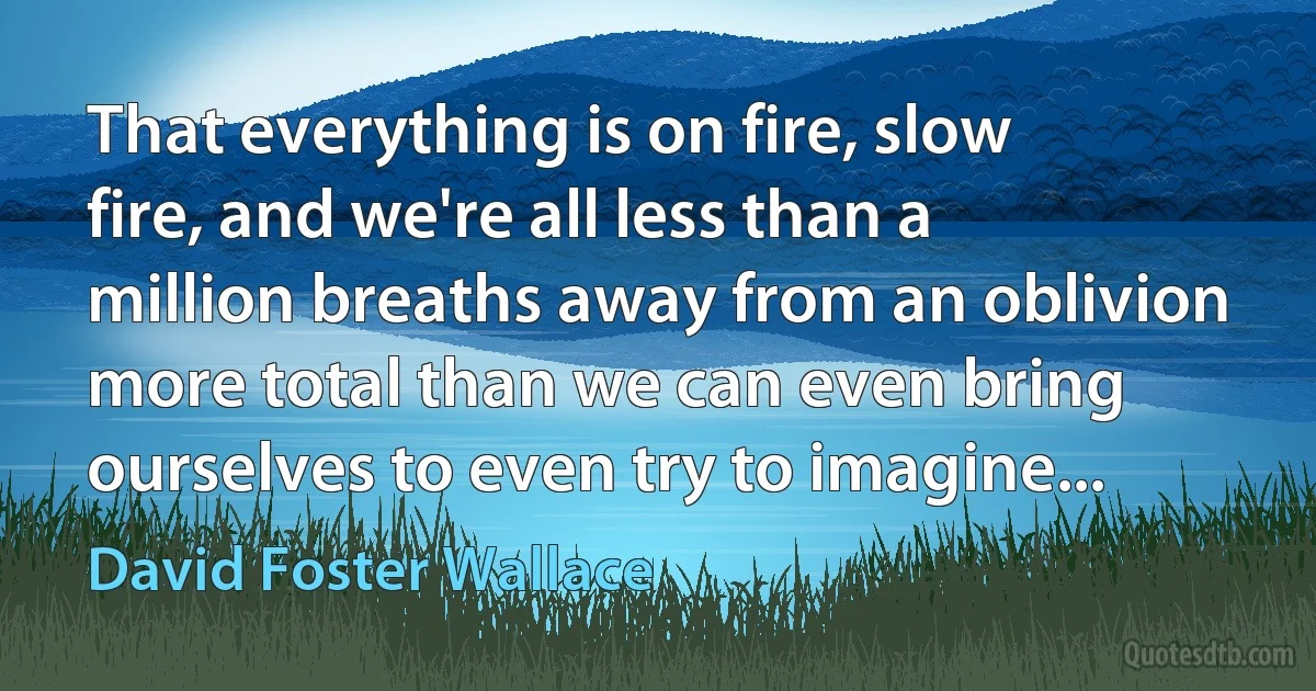 That everything is on fire, slow fire, and we're all less than a million breaths away from an oblivion more total than we can even bring ourselves to even try to imagine... (David Foster Wallace)