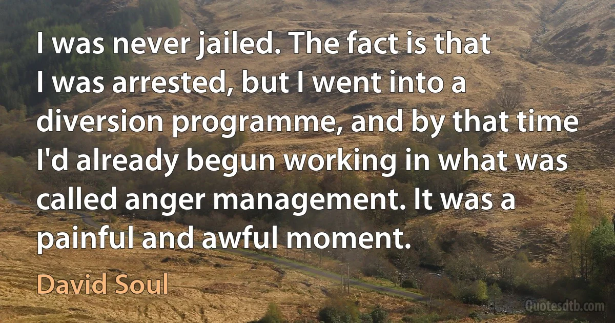 I was never jailed. The fact is that I was arrested, but I went into a diversion programme, and by that time I'd already begun working in what was called anger management. It was a painful and awful moment. (David Soul)