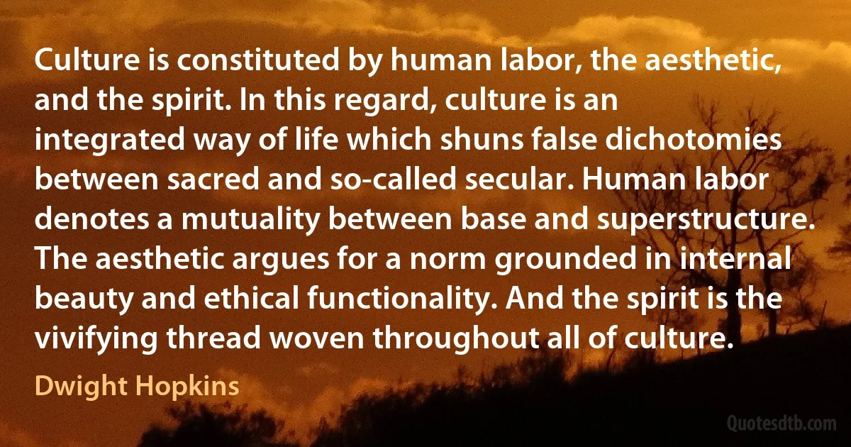 Culture is constituted by human labor, the aesthetic, and the spirit. In this regard, culture is an integrated way of life which shuns false dichotomies between sacred and so-called secular. Human labor denotes a mutuality between base and superstructure. The aesthetic argues for a norm grounded in internal beauty and ethical functionality. And the spirit is the vivifying thread woven throughout all of culture. (Dwight Hopkins)