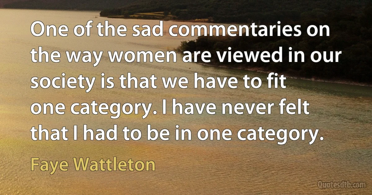 One of the sad commentaries on the way women are viewed in our society is that we have to fit one category. I have never felt that I had to be in one category. (Faye Wattleton)