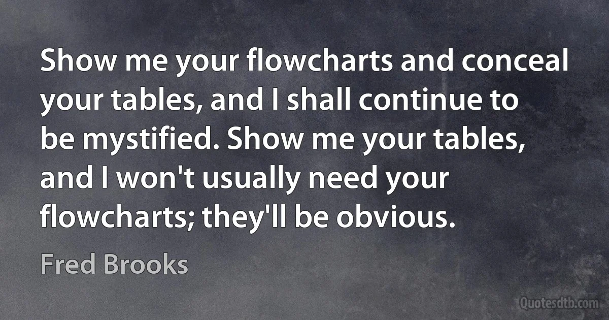 Show me your flowcharts and conceal your tables, and I shall continue to be mystified. Show me your tables, and I won't usually need your flowcharts; they'll be obvious. (Fred Brooks)