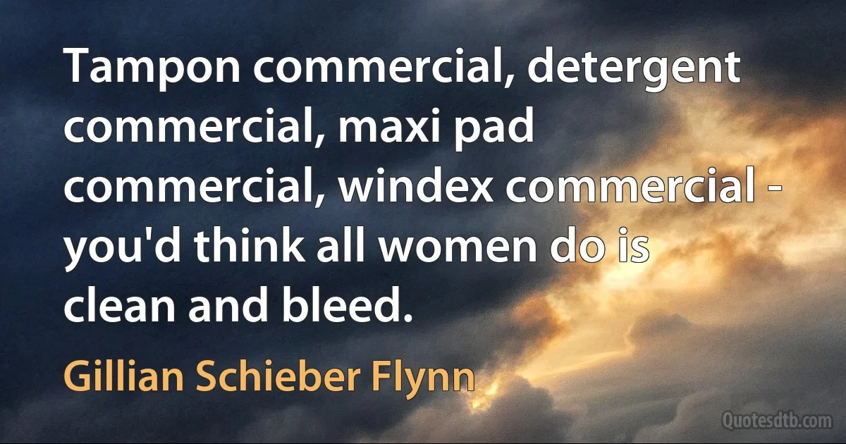 Tampon commercial, detergent commercial, maxi pad commercial, windex commercial - you'd think all women do is clean and bleed. (Gillian Schieber Flynn)