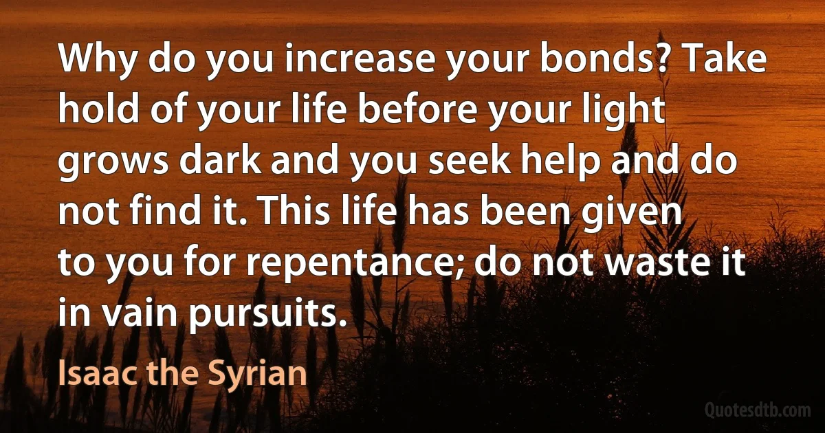 Why do you increase your bonds? Take hold of your life before your light grows dark and you seek help and do not find it. This life has been given to you for repentance; do not waste it in vain pursuits. (Isaac the Syrian)