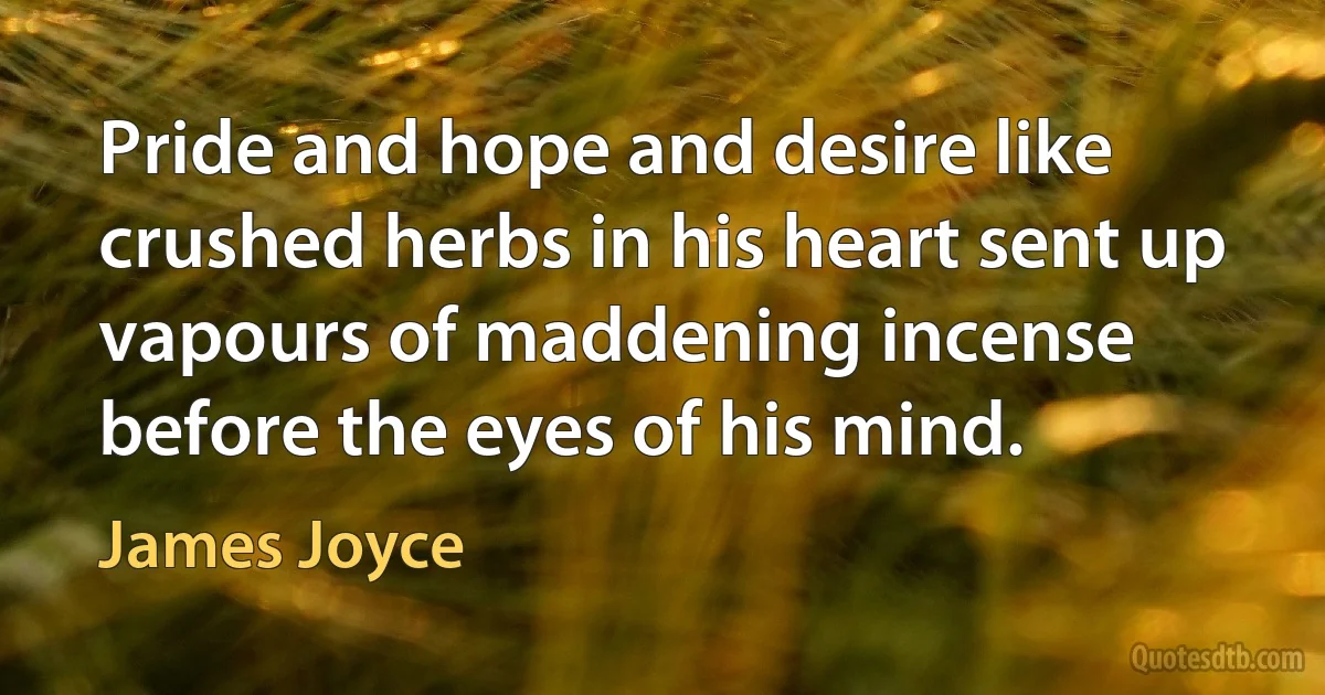 Pride and hope and desire like crushed herbs in his heart sent up vapours of maddening incense before the eyes of his mind. (James Joyce)