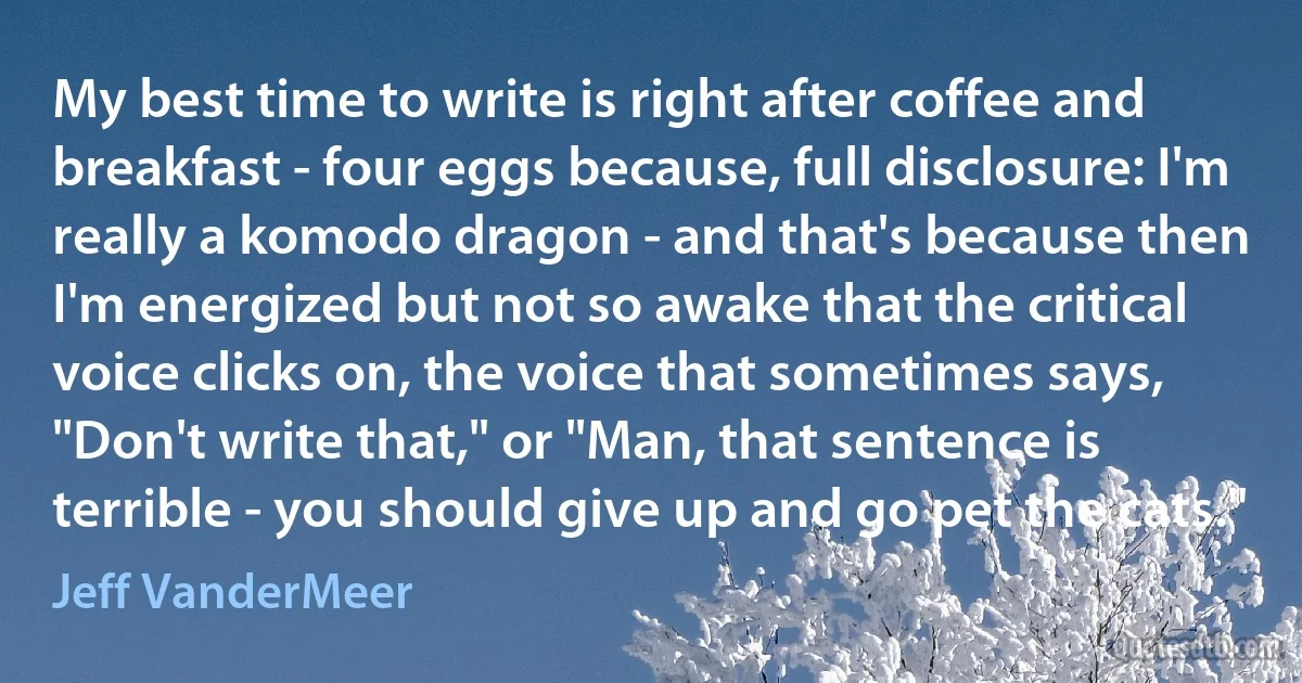 My best time to write is right after coffee and breakfast - four eggs because, full disclosure: I'm really a komodo dragon - and that's because then I'm energized but not so awake that the critical voice clicks on, the voice that sometimes says, "Don't write that," or "Man, that sentence is terrible - you should give up and go pet the cats." (Jeff VanderMeer)