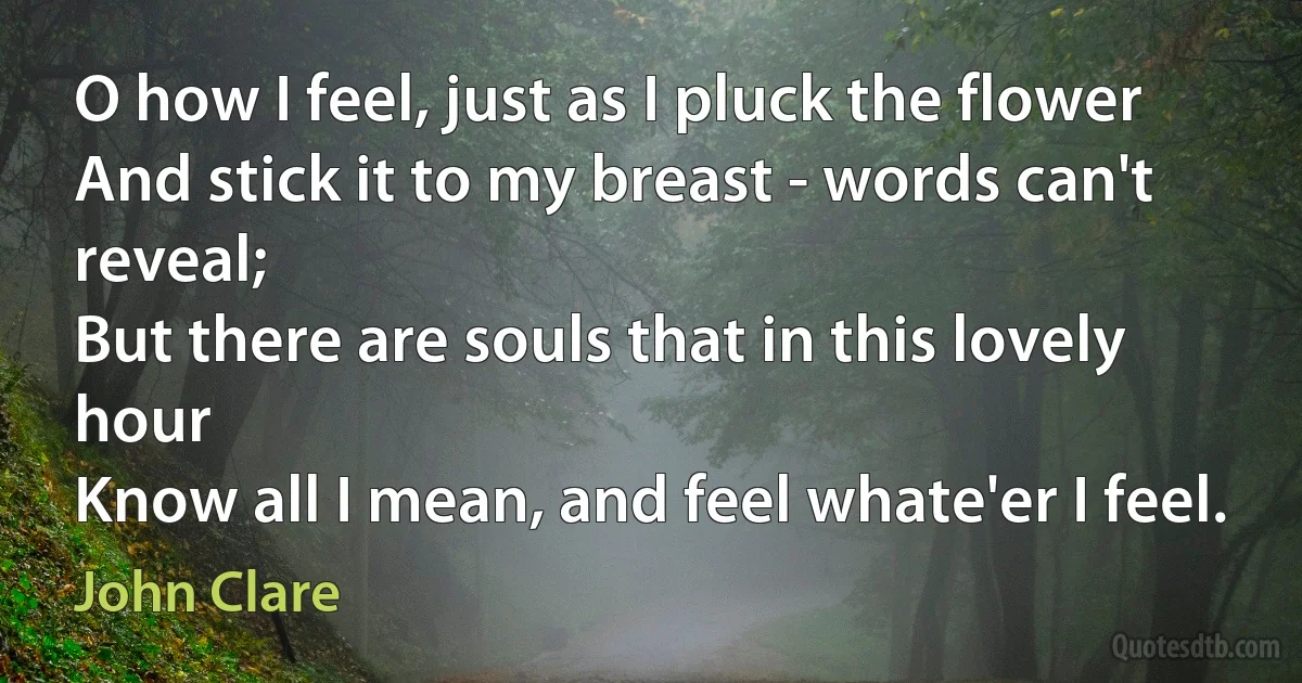 O how I feel, just as I pluck the flower
And stick it to my breast - words can't reveal;
But there are souls that in this lovely hour
Know all I mean, and feel whate'er I feel. (John Clare)