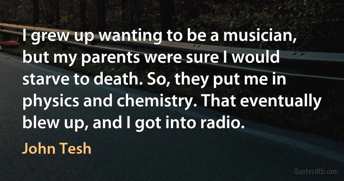 I grew up wanting to be a musician, but my parents were sure I would starve to death. So, they put me in physics and chemistry. That eventually blew up, and I got into radio. (John Tesh)