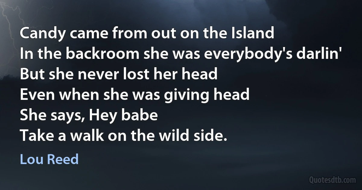 Candy came from out on the Island
In the backroom she was everybody's darlin'
But she never lost her head
Even when she was giving head
She says, Hey babe
Take a walk on the wild side. (Lou Reed)