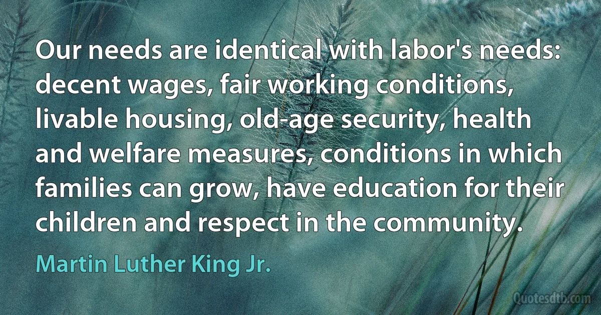 Our needs are identical with labor's needs: decent wages, fair working conditions, livable housing, old-age security, health and welfare measures, conditions in which families can grow, have education for their children and respect in the community. (Martin Luther King Jr.)