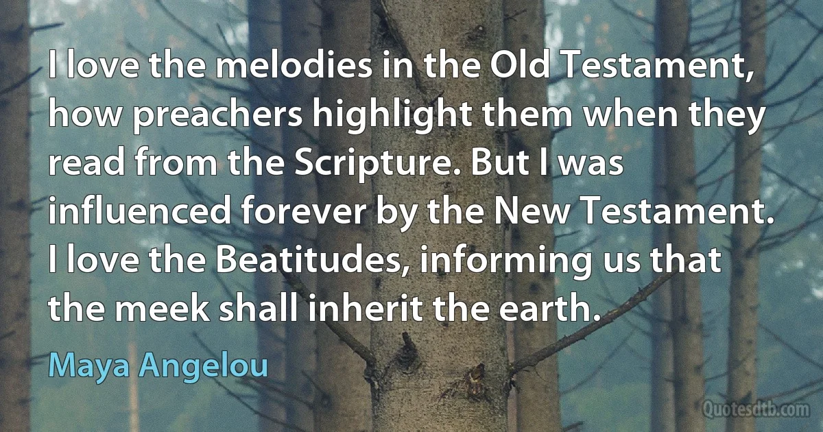 I love the melodies in the Old Testament, how preachers highlight them when they read from the Scripture. But I was influenced forever by the New Testament. I love the Beatitudes, informing us that the meek shall inherit the earth. (Maya Angelou)