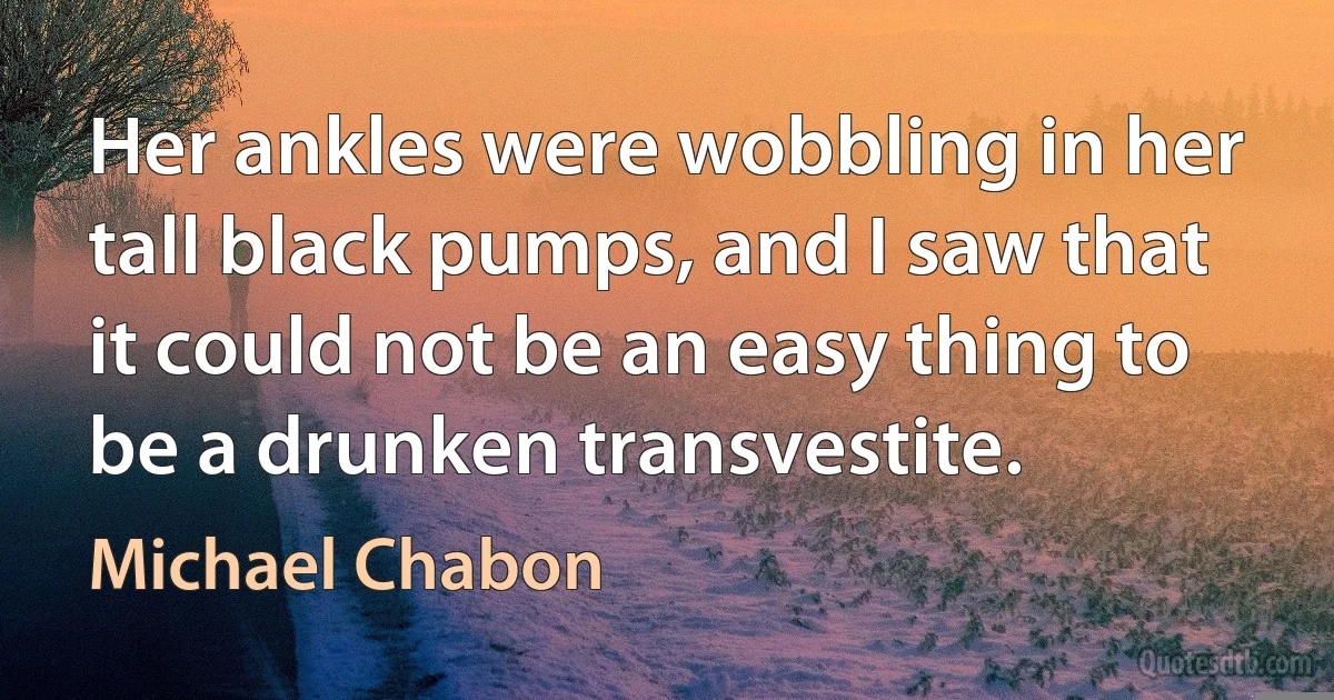 Her ankles were wobbling in her tall black pumps, and I saw that it could not be an easy thing to be a drunken transvestite. (Michael Chabon)