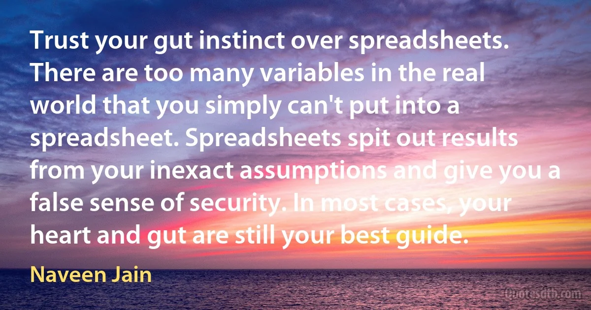 Trust your gut instinct over spreadsheets. There are too many variables in the real world that you simply can't put into a spreadsheet. Spreadsheets spit out results from your inexact assumptions and give you a false sense of security. In most cases, your heart and gut are still your best guide. (Naveen Jain)