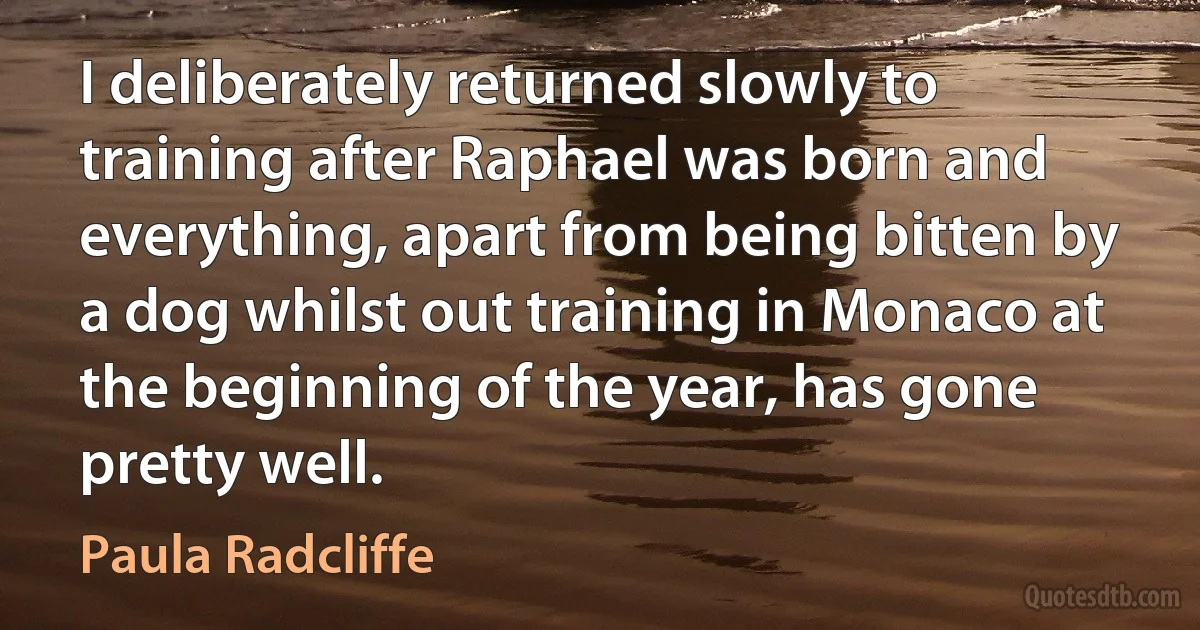 I deliberately returned slowly to training after Raphael was born and everything, apart from being bitten by a dog whilst out training in Monaco at the beginning of the year, has gone pretty well. (Paula Radcliffe)