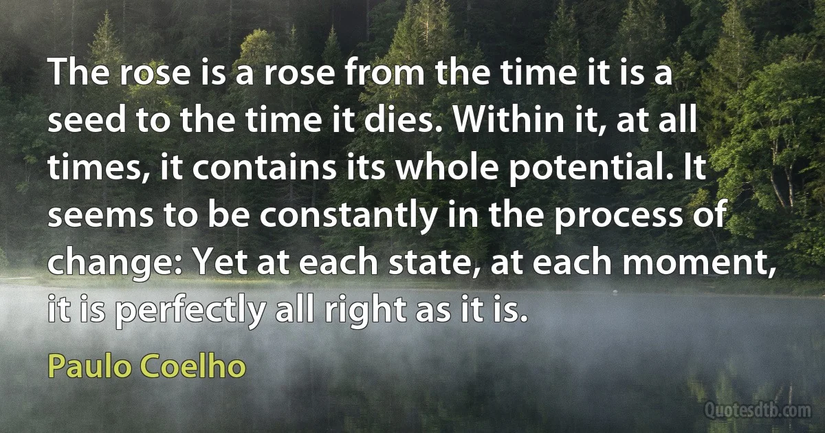 The rose is a rose from the time it is a seed to the time it dies. Within it, at all times, it contains its whole potential. It seems to be constantly in the process of change: Yet at each state, at each moment, it is perfectly all right as it is. (Paulo Coelho)