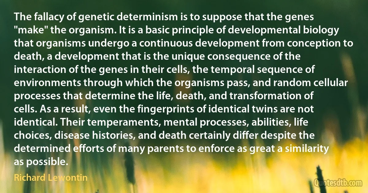 The fallacy of genetic determinism is to suppose that the genes "make" the organism. It is a basic principle of developmental biology that organisms undergo a continuous development from conception to death, a development that is the unique consequence of the interaction of the genes in their cells, the temporal sequence of environments through which the organisms pass, and random cellular processes that determine the life, death, and transformation of cells. As a result, even the fingerprints of identical twins are not identical. Their temperaments, mental processes, abilities, life choices, disease histories, and death certainly differ despite the determined efforts of many parents to enforce as great a similarity as possible. (Richard Lewontin)