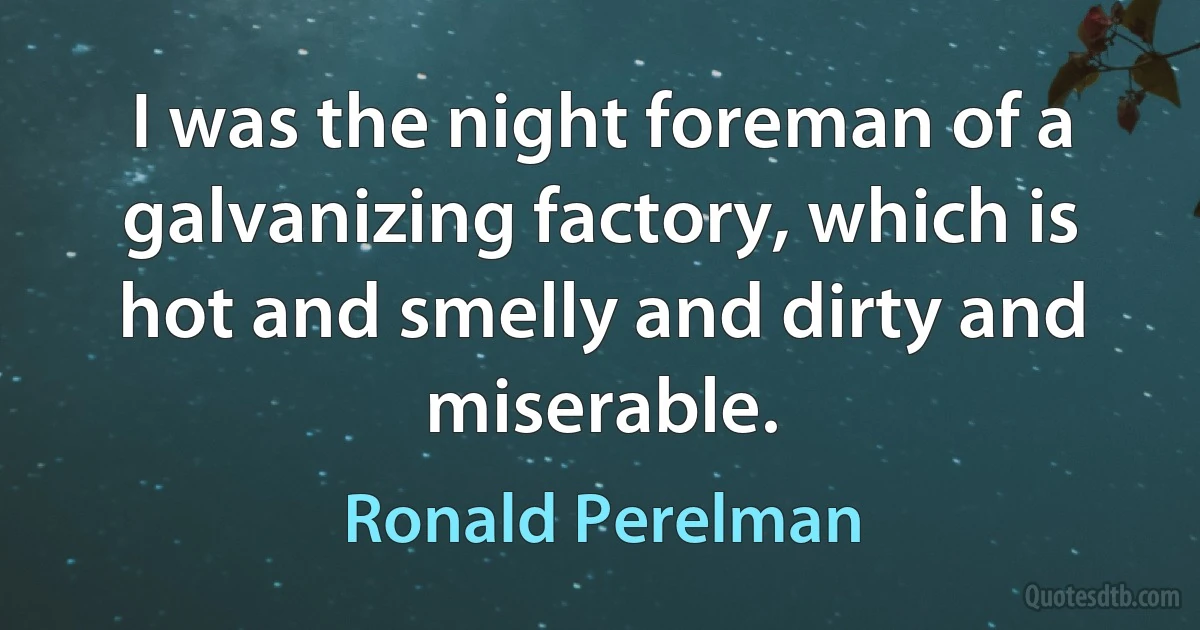 I was the night foreman of a galvanizing factory, which is hot and smelly and dirty and miserable. (Ronald Perelman)