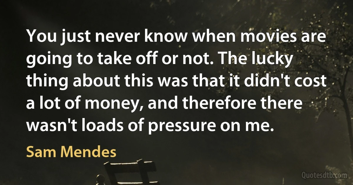 You just never know when movies are going to take off or not. The lucky thing about this was that it didn't cost a lot of money, and therefore there wasn't loads of pressure on me. (Sam Mendes)