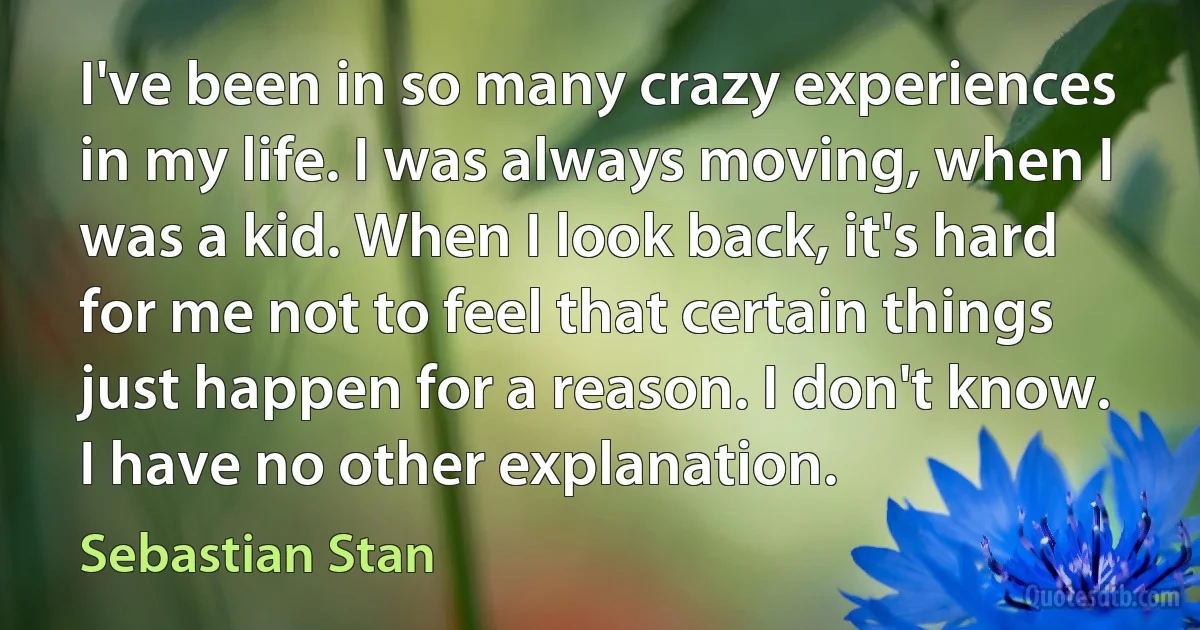 I've been in so many crazy experiences in my life. I was always moving, when I was a kid. When I look back, it's hard for me not to feel that certain things just happen for a reason. I don't know. I have no other explanation. (Sebastian Stan)