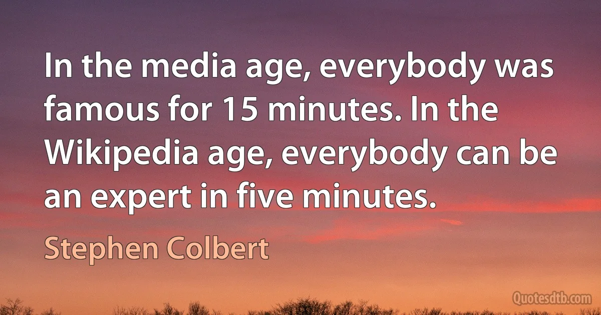 In the media age, everybody was famous for 15 minutes. In the Wikipedia age, everybody can be an expert in five minutes. (Stephen Colbert)