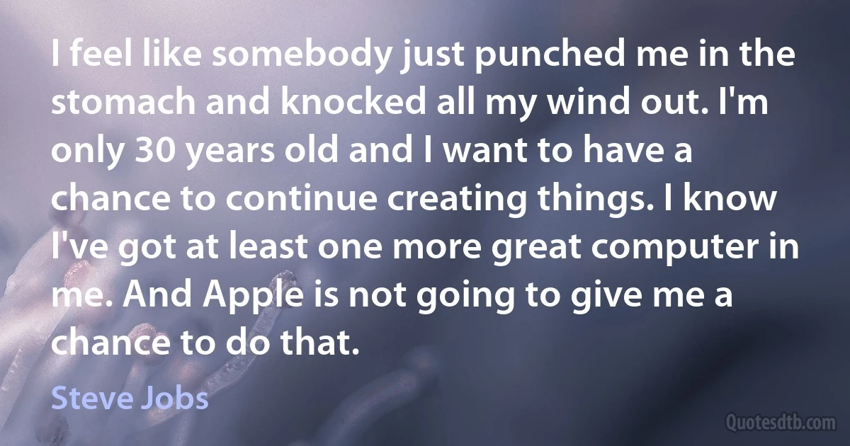 I feel like somebody just punched me in the stomach and knocked all my wind out. I'm only 30 years old and I want to have a chance to continue creating things. I know I've got at least one more great computer in me. And Apple is not going to give me a chance to do that. (Steve Jobs)