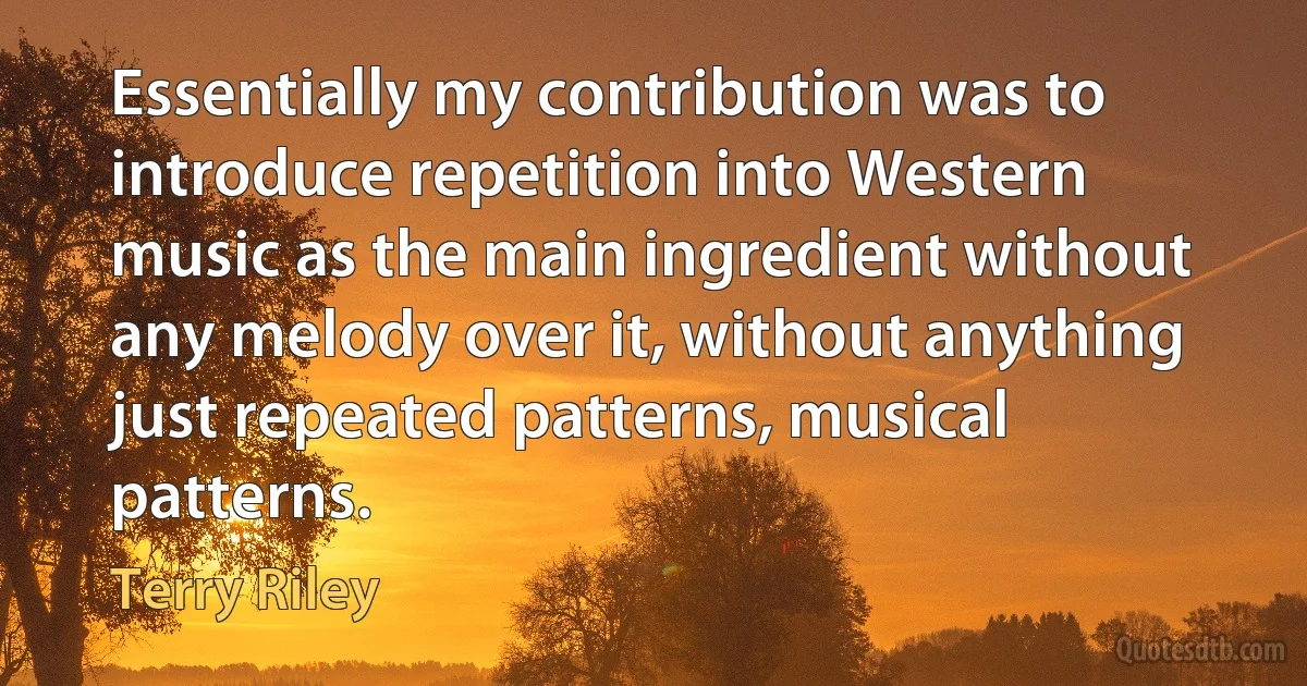 Essentially my contribution was to introduce repetition into Western music as the main ingredient without any melody over it, without anything just repeated patterns, musical patterns. (Terry Riley)