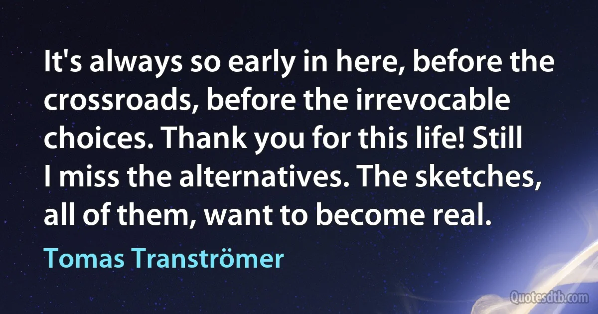 It's always so early in here, before the crossroads, before the irrevocable choices. Thank you for this life! Still I miss the alternatives. The sketches, all of them, want to become real. (Tomas Tranströmer)