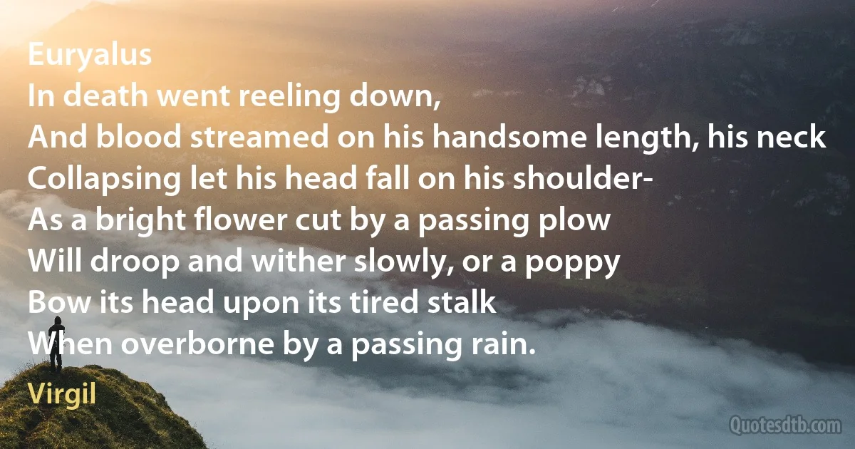 Euryalus
In death went reeling down,
And blood streamed on his handsome length, his neck
Collapsing let his head fall on his shoulder-
As a bright flower cut by a passing plow
Will droop and wither slowly, or a poppy
Bow its head upon its tired stalk
When overborne by a passing rain. (Virgil)