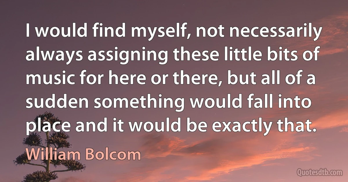 I would find myself, not necessarily always assigning these little bits of music for here or there, but all of a sudden something would fall into place and it would be exactly that. (William Bolcom)