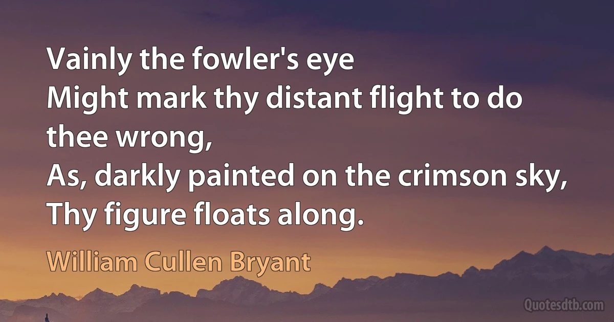 Vainly the fowler's eye
Might mark thy distant flight to do thee wrong,
As, darkly painted on the crimson sky,
Thy figure floats along. (William Cullen Bryant)