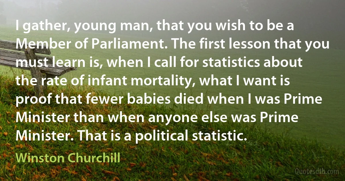 I gather, young man, that you wish to be a Member of Parliament. The first lesson that you must learn is, when I call for statistics about the rate of infant mortality, what I want is proof that fewer babies died when I was Prime Minister than when anyone else was Prime Minister. That is a political statistic. (Winston Churchill)