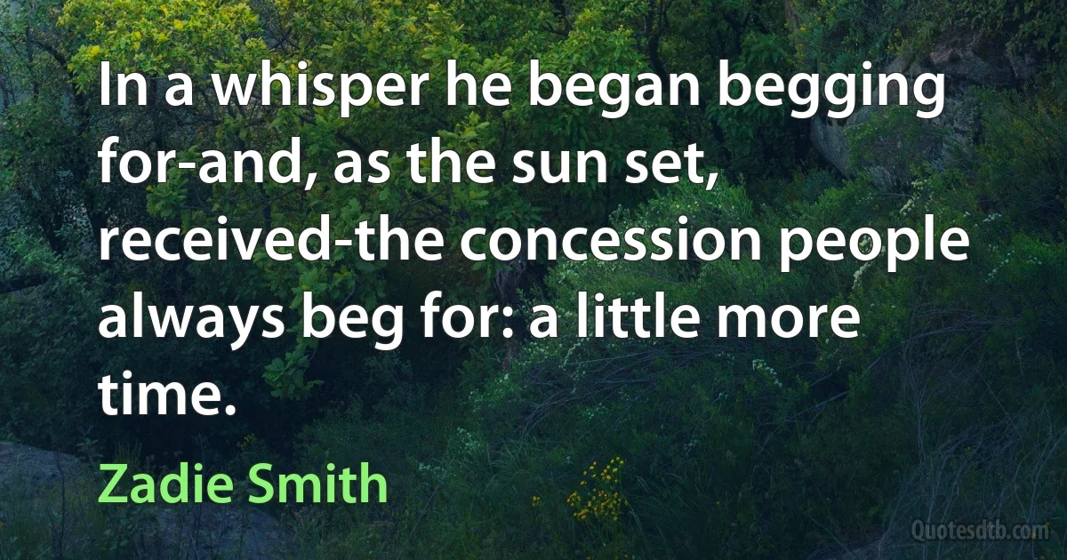 In a whisper he began begging for-and, as the sun set, received-the concession people always beg for: a little more time. (Zadie Smith)