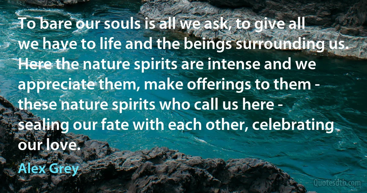 To bare our souls is all we ask, to give all we have to life and the beings surrounding us. Here the nature spirits are intense and we appreciate them, make offerings to them - these nature spirits who call us here - sealing our fate with each other, celebrating our love. (Alex Grey)